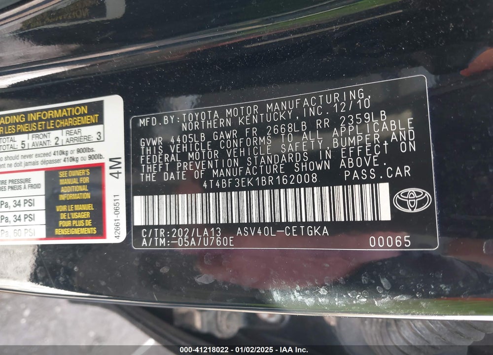 2011 TOYOTA CAMRY XLE VIN: 4T4BF3EK1BR162008
