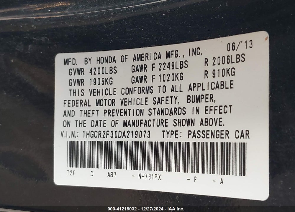 2013 HONDA ACCORD LX VIN: 1HGCR2F30DA219073