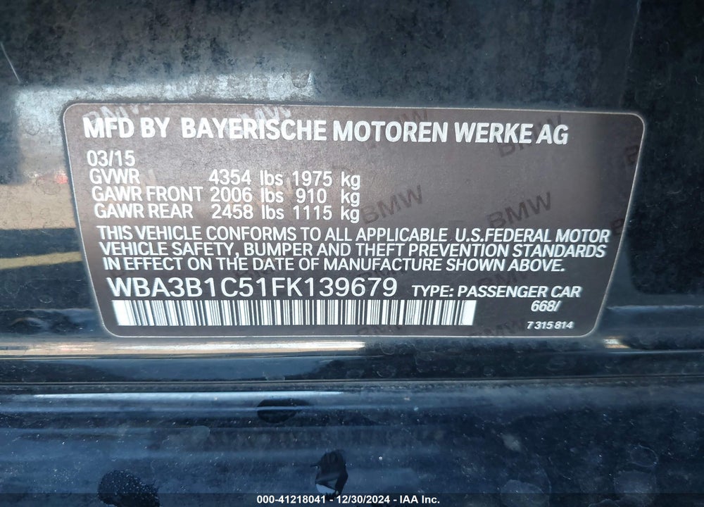 2015 BMW 320I VIN: WBA3B1C51FK139679