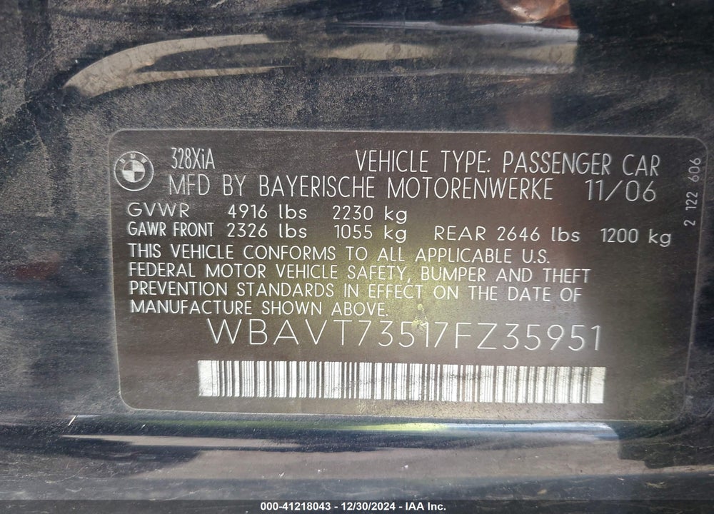 2007 BMW 328XI VIN: WBAVT73517FZ35951