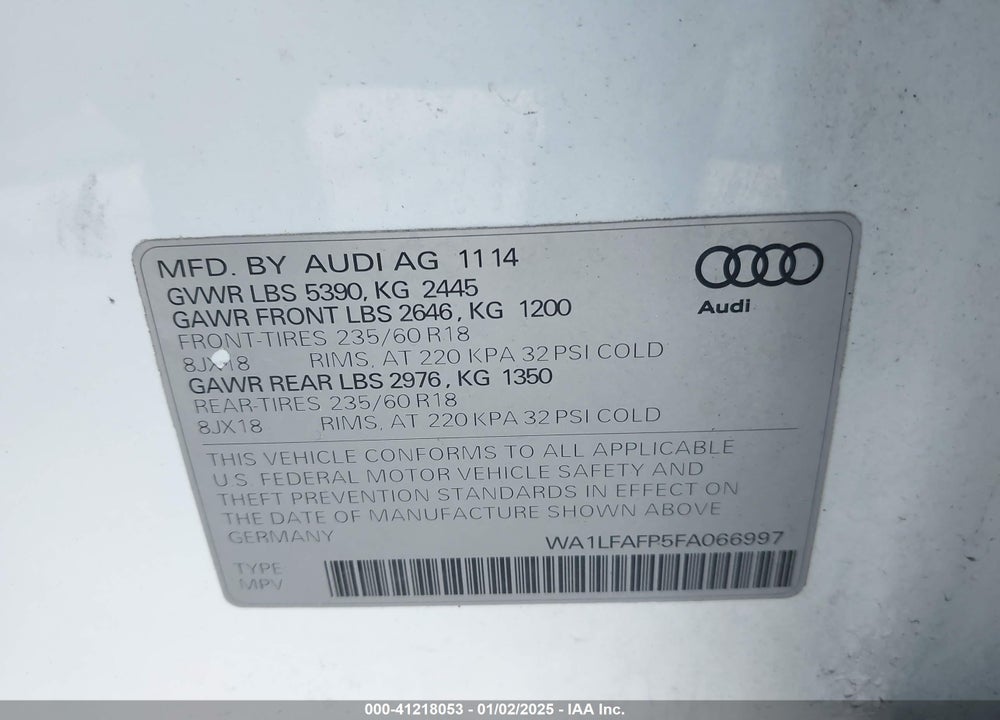 2015 AUDI Q5 2.0T PREMIUM VIN: WA1LFAFP5FA066997