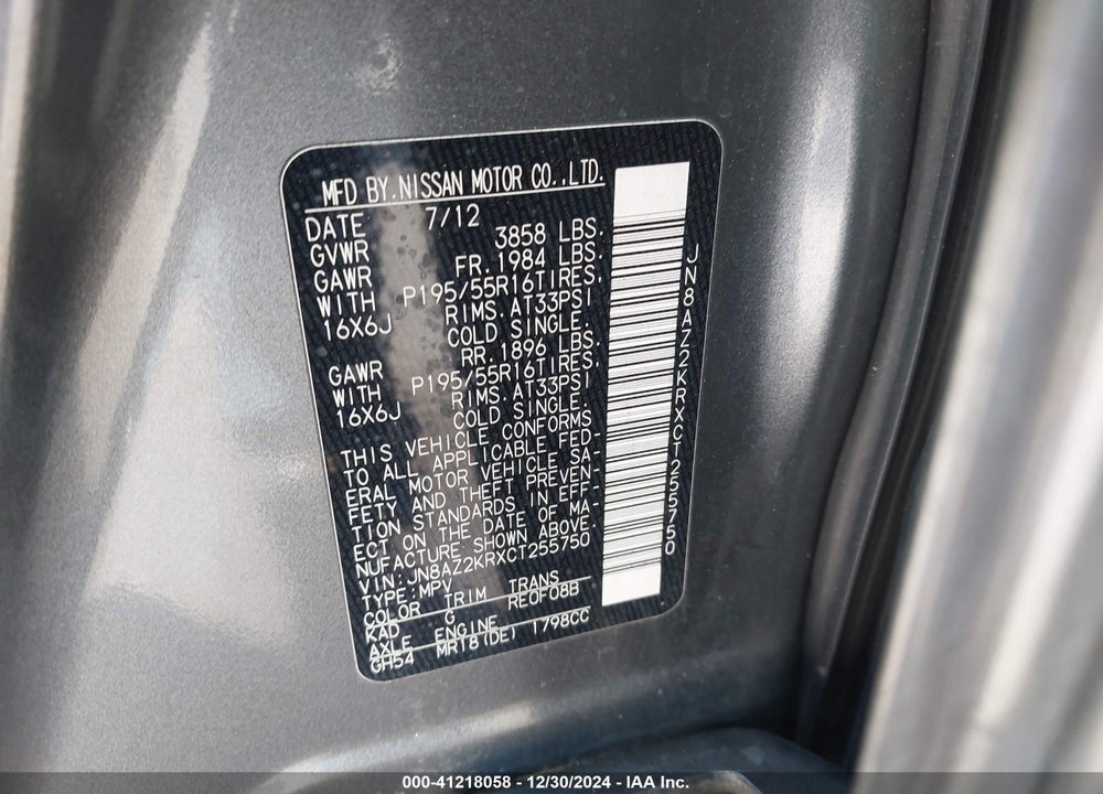 2012 NISSAN CUBE VIN: JN8AZ2KRXCT255750