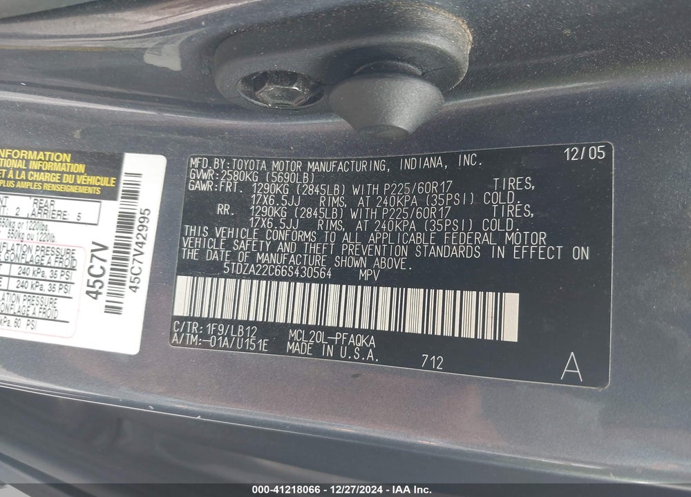 2006 TOYOTA SIENNA XLE/XLE LIMITED VIN: 5TDZA22C66S430564
