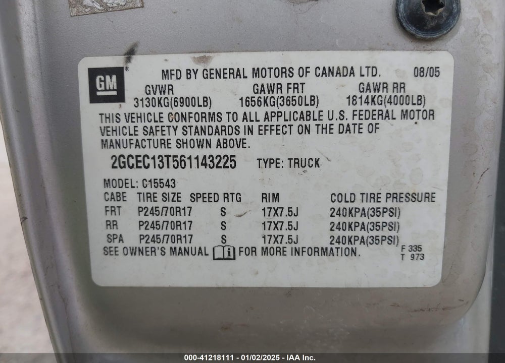 2006 CHEVROLET SILVERADO 1500 VIN: 2GCEC13T561143225
