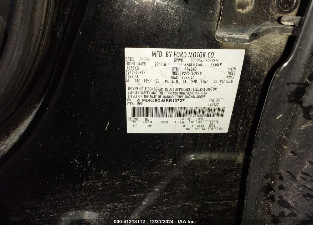 2008 FORD EDGE LIMITED VIN: 2FMDK39C48BB10727