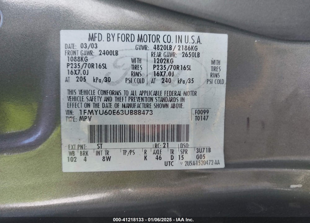 2003 FORD EXPLORER SPORT XLS/XLT VIN: 1FMYU60E63UB88473