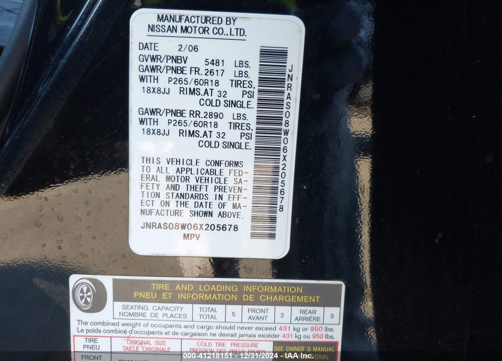 2006 INFINITI FX35 VIN: JNRAS08W06X205678