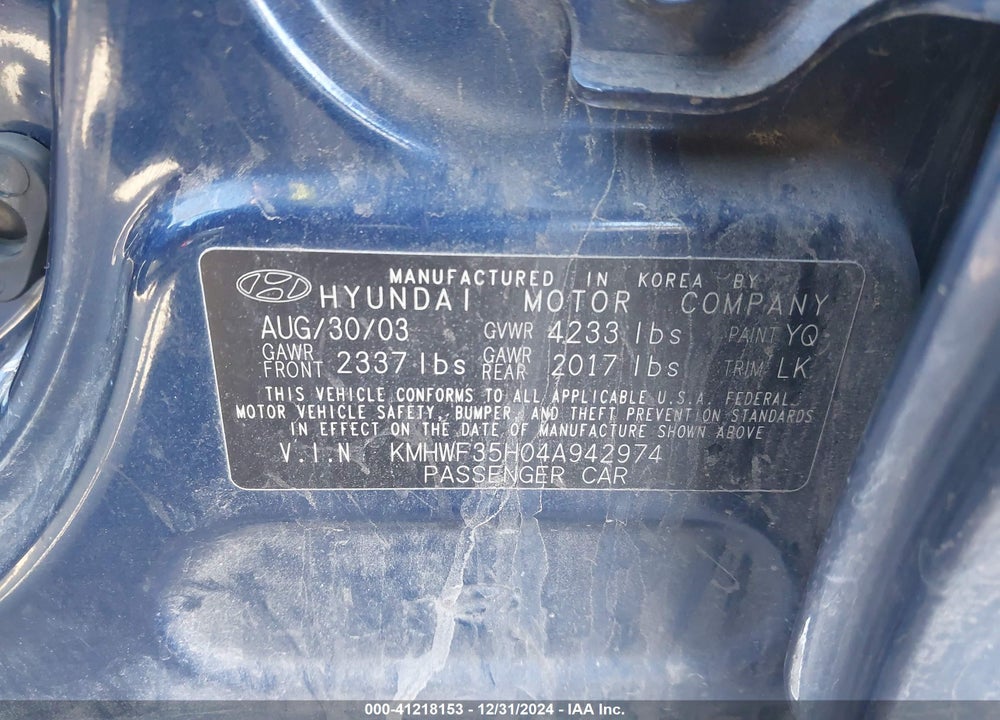 2004 HYUNDAI SONATA GLS/LX VIN: KMHWF35H04A942974