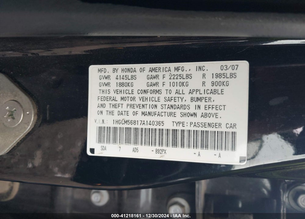 2007 HONDA ACCORD VIN: 1HGCM56817A140365
