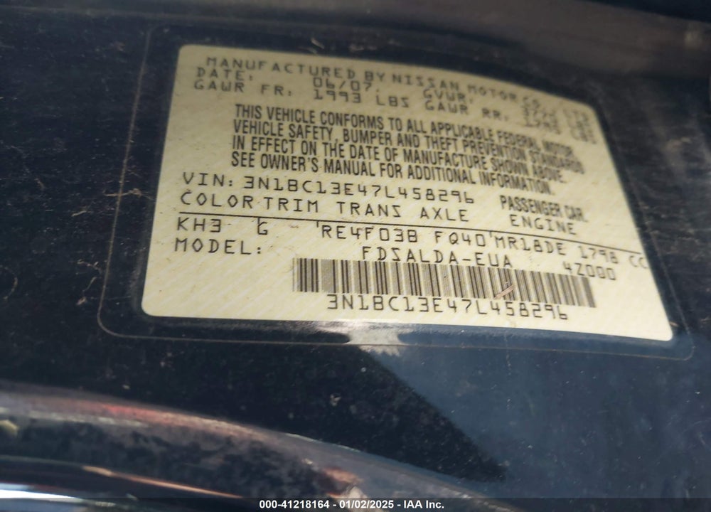 2007 NISSAN VERSA 1.8S VIN: 3N1BC13E47L458296
