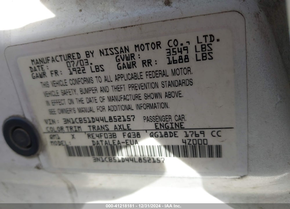 2004 NISSAN SENTRA 1.8S VIN: 3N1CB51D44L852157