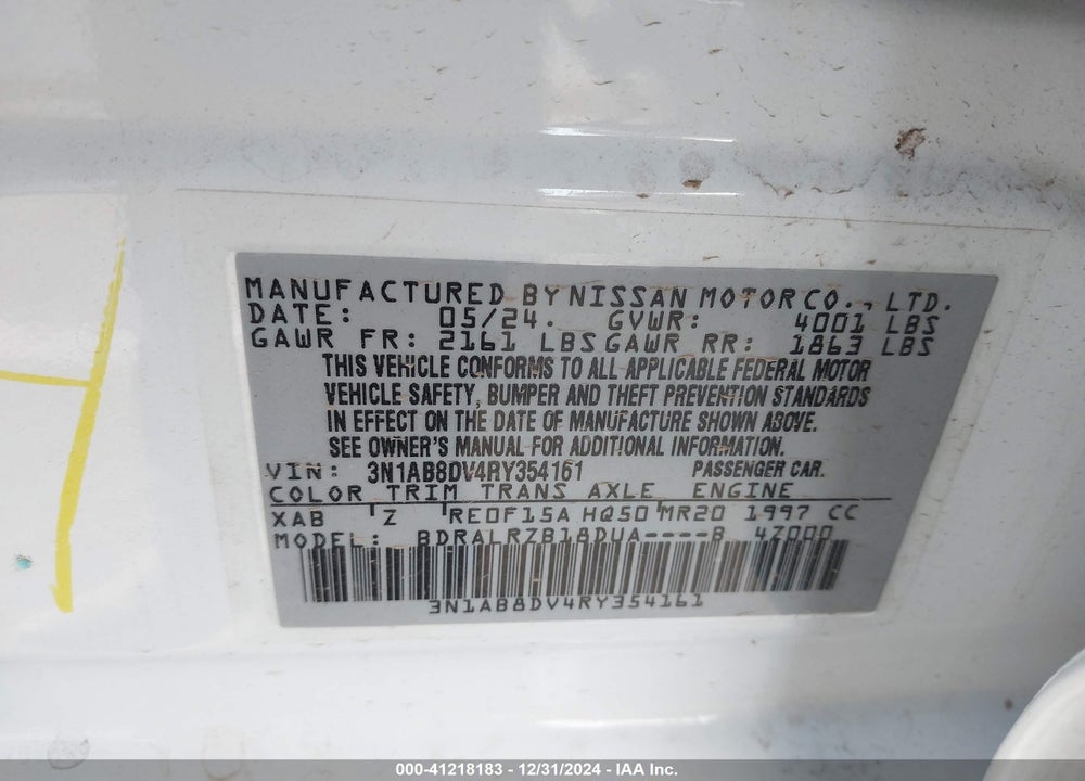 2024 NISSAN SENTRA SR XTRONIC CVT VIN: 3N1AB8DV4RY354161