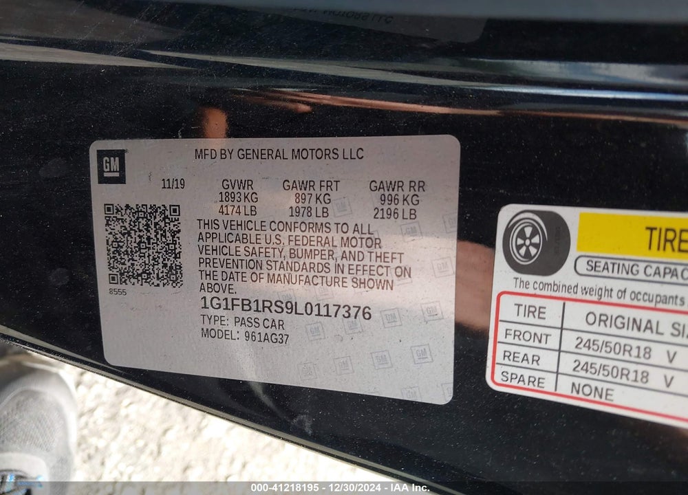 2020 CHEVROLET CAMARO RWD 1LT VIN: 1G1FB1RS9L0117376