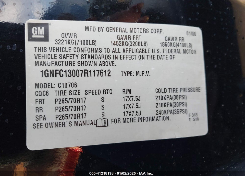 2007 CHEVROLET TAHOE LT VIN: 1GNFC13007R117612