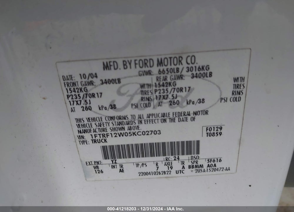2005 FORD F-150 STX/XL/XLT VIN: 1FTRF12W05KC02703