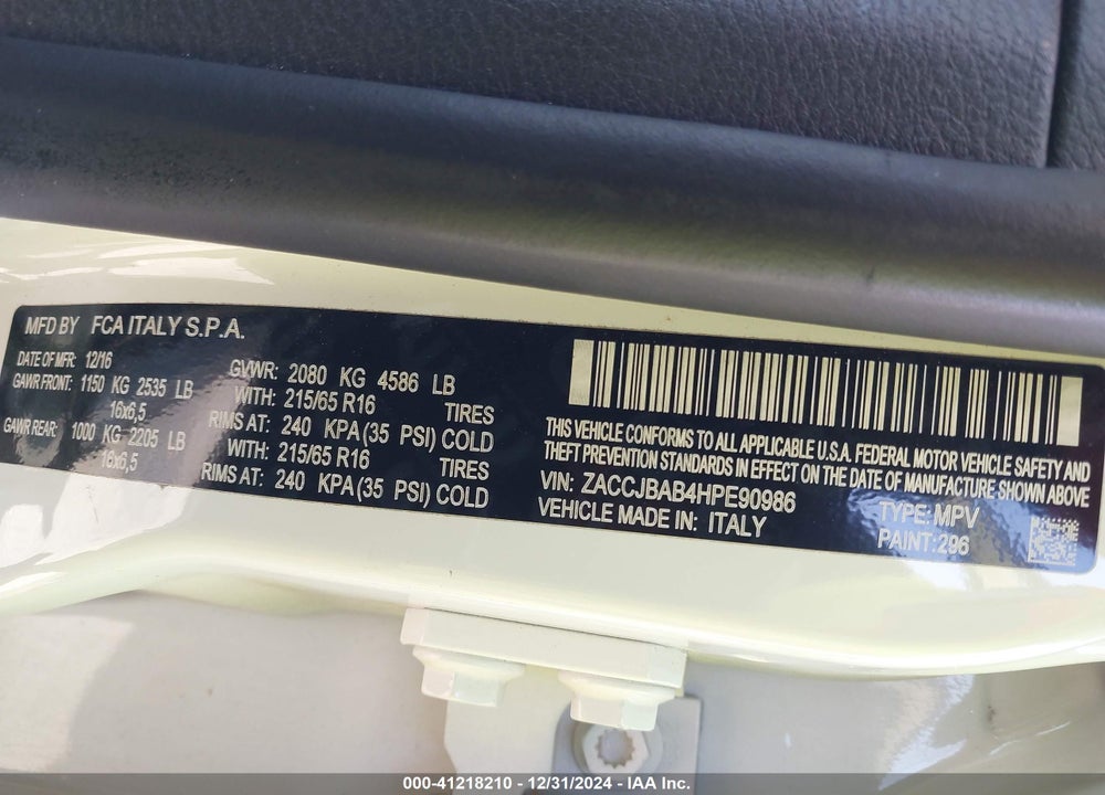 2017 JEEP RENEGADE SPORT 4X4 VIN: ZACCJBAB4HPE90986