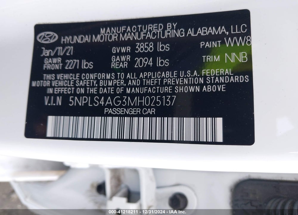 2021 HYUNDAI ELANTRA SEL VIN: 5NPLS4AG3MH025137