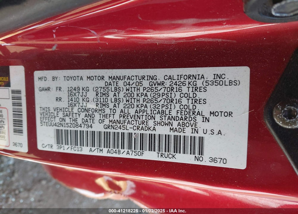 2005 TOYOTA TACOMA BASE V6 VIN: 5TEUU42N15Z084794