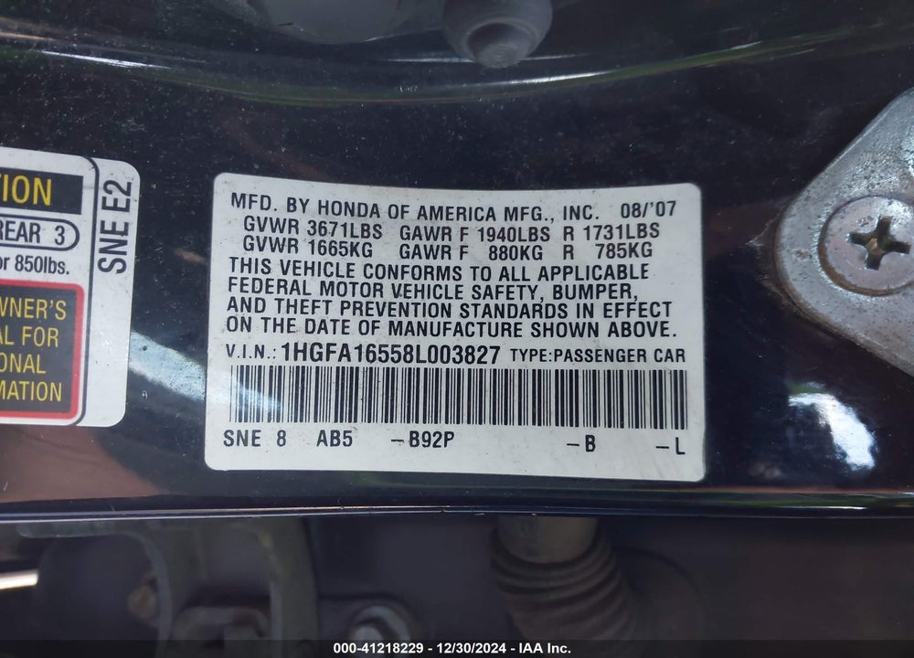 2008 HONDA CIVIC LX VIN: 1HGFA16558L003827