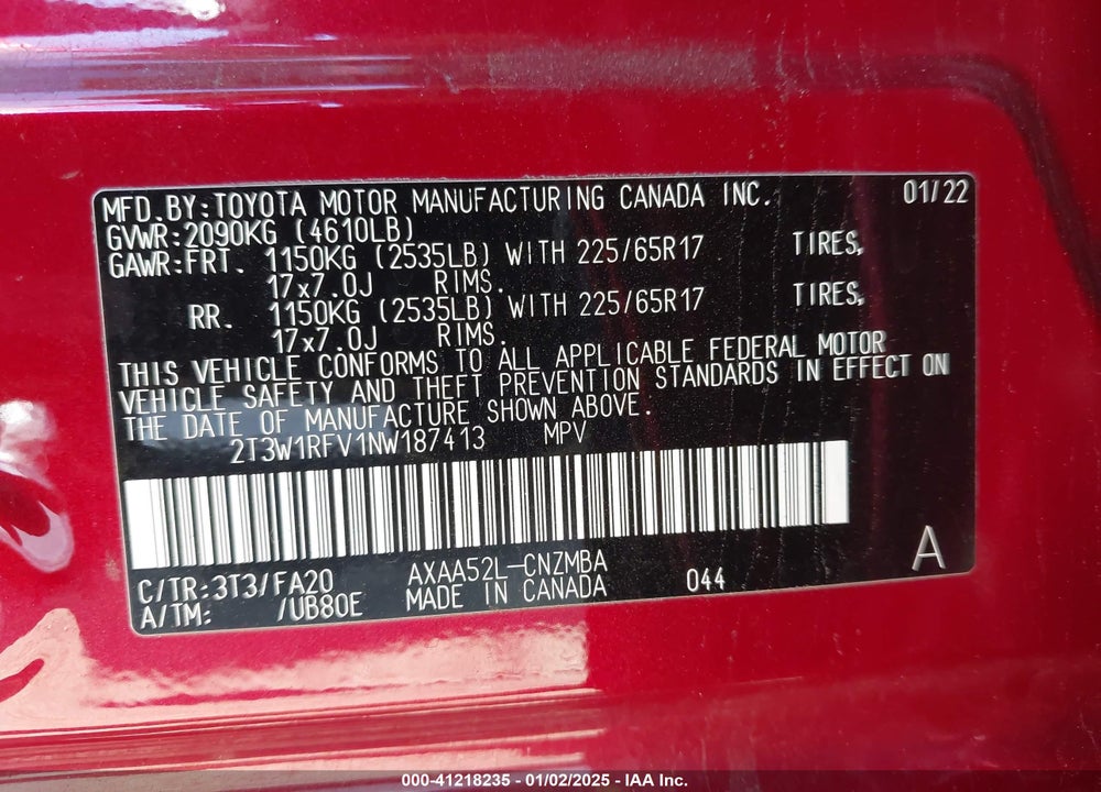 2022 TOYOTA RAV4 VIN: 2T3W1RFV1NW187413