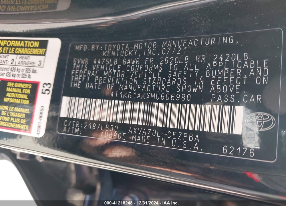 2021 TOYOTA CAMRY VIN: 4T1K61AKXMU606980