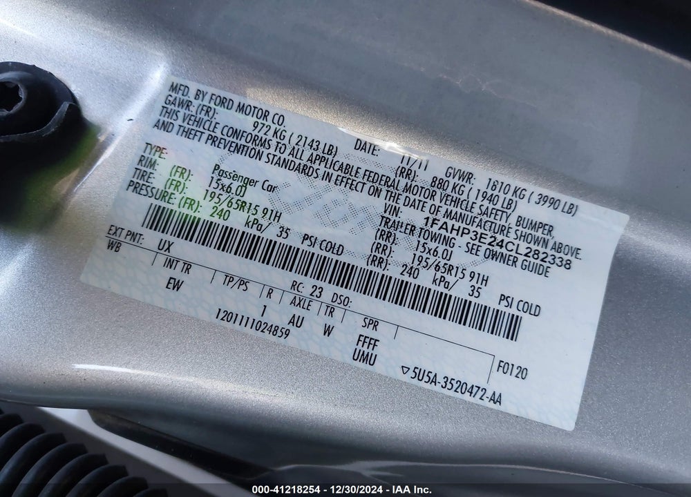 2012 FORD FOCUS S VIN: 1FAHP3E24CL282338