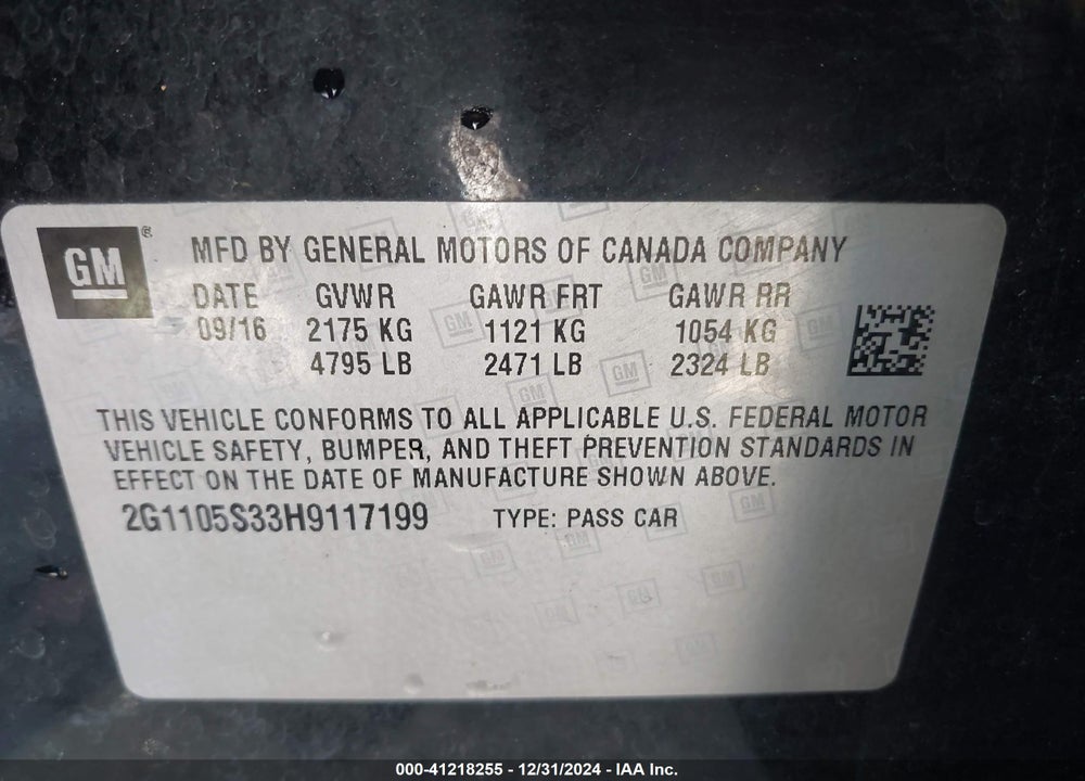 2017 CHEVROLET IMPALA 1LT VIN: 2G1105S33H9117199