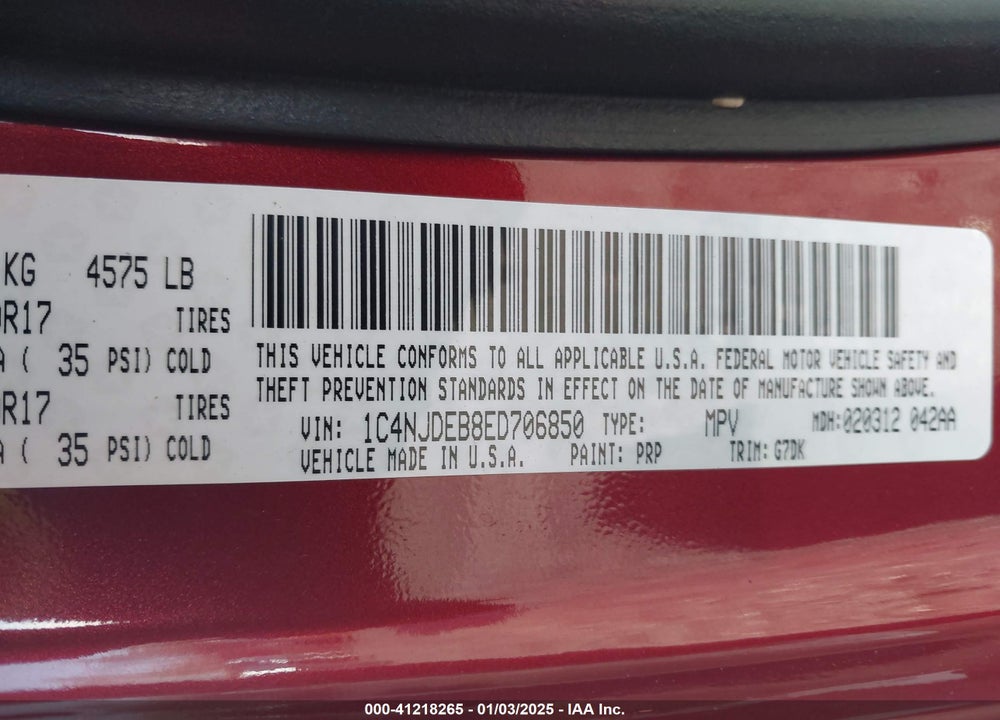 2014 JEEP COMPASS VIN: 1C4NJDEB8ED706850
