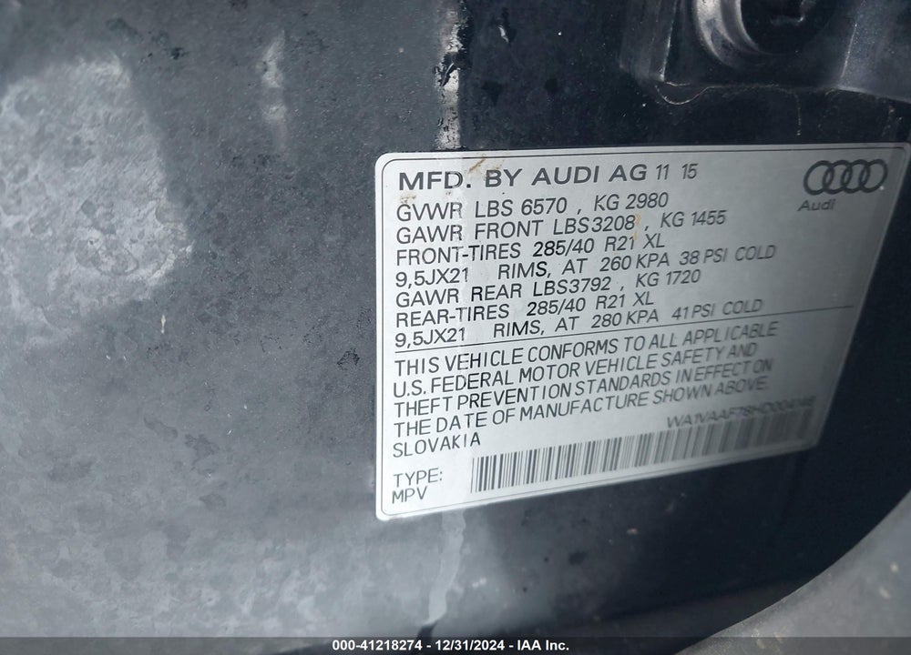 2017 AUDI Q7 VIN: WA1VAAF78HD004146