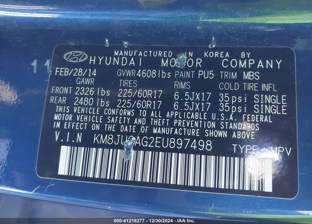 2014 HYUNDAI TUCSON SE VIN: KM8JUCAG2EU897498