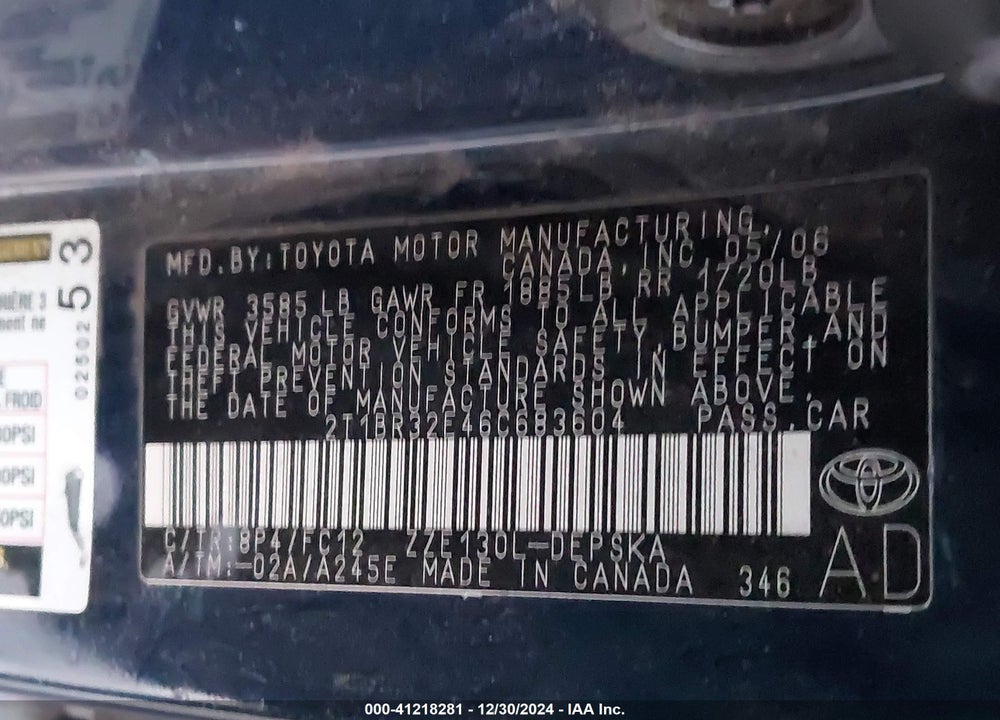 2006 TOYOTA COROLLA S VIN: 2T1BR32E46C683604