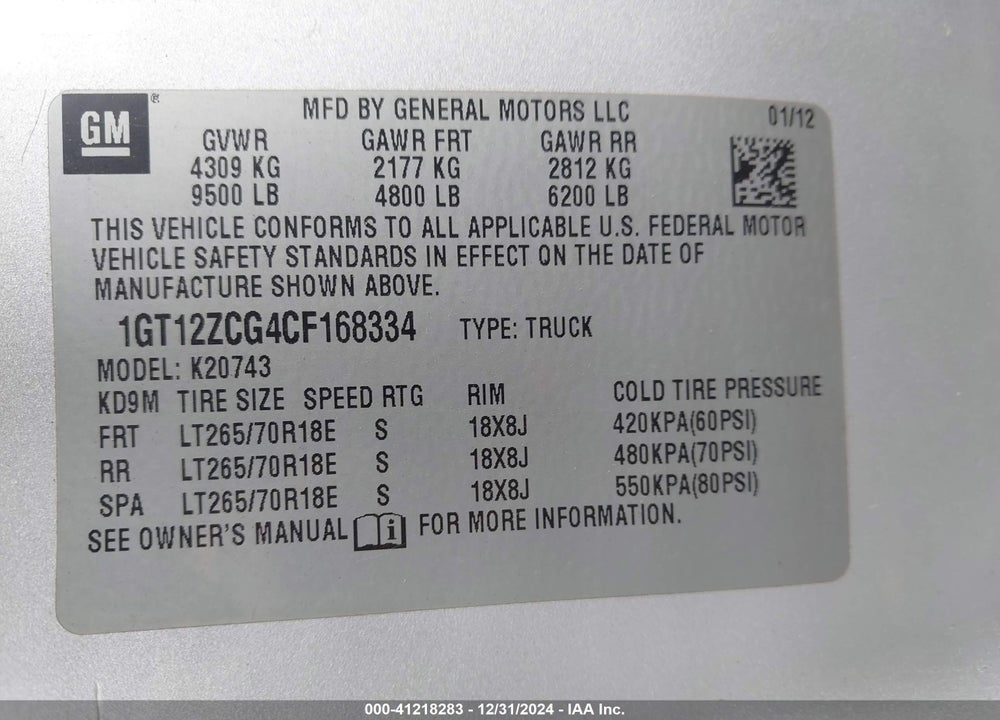 2012 GMC SIERRA 2500HD VIN: 1GT12ZCG4CF168334