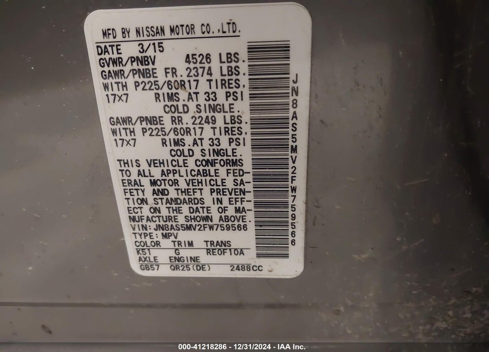 2015 NISSAN ROGUE SELECT S VIN: JN8AS5MV2FW759566