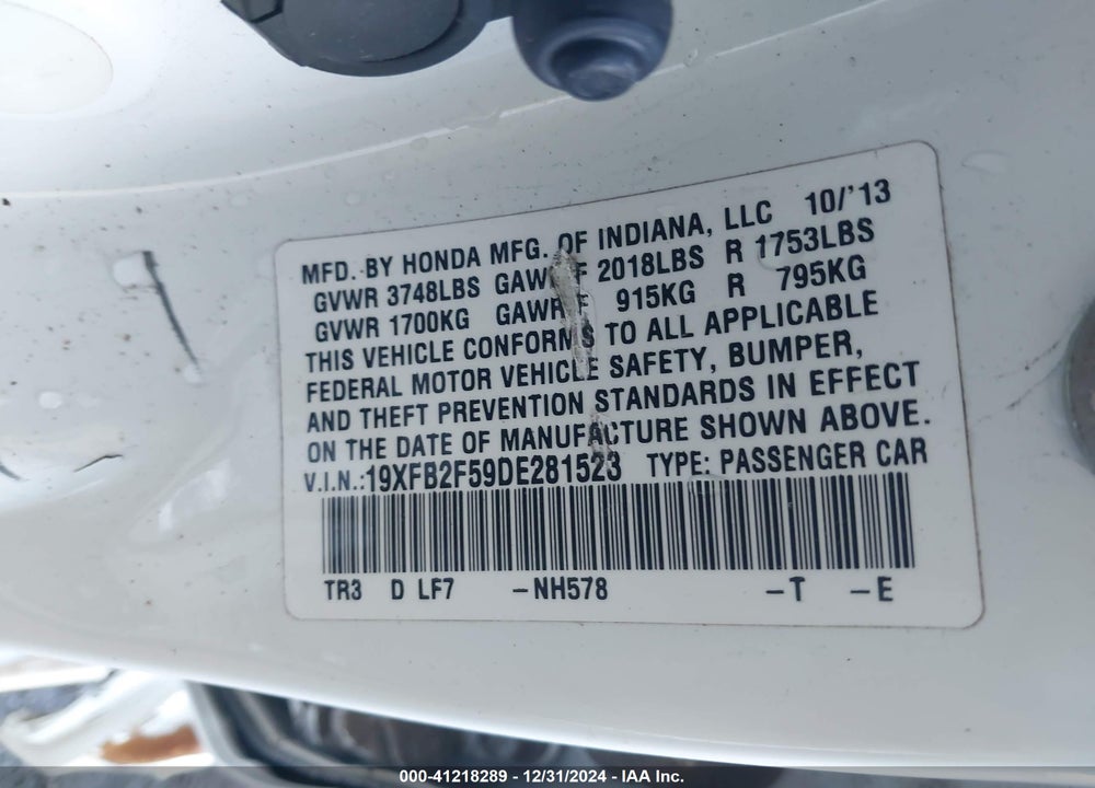 2013 HONDA CIVIC LX VIN: 19XFB2F59DE281523