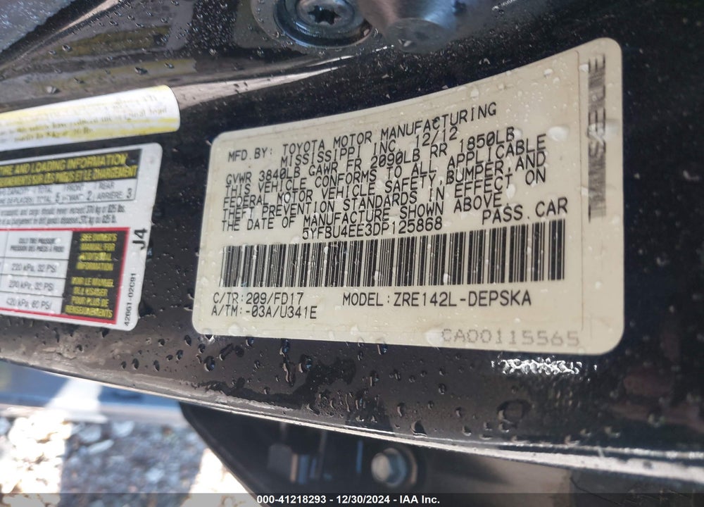 2013 TOYOTA COROLLA VIN: 5YFBU4EE3DP125868