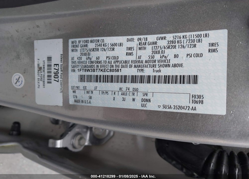 2019 FORD F-350 LARIAT VIN: 1FT8W3BT7KEC80581