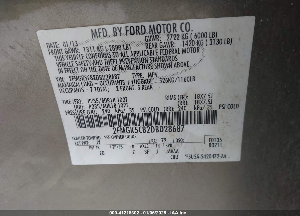 2013 FORD FLEX SEL VIN: 2FMGK5C82DBD28687