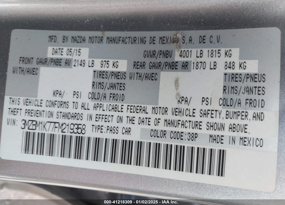 2015 MAZDA MAZDA3 VIN: 3MZBM1K77FM219358