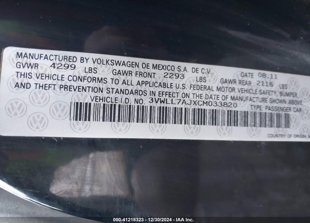 2012 VOLKSWAGEN JETTA 2.0L TDI VIN: 3VWLL7AJXCM033820