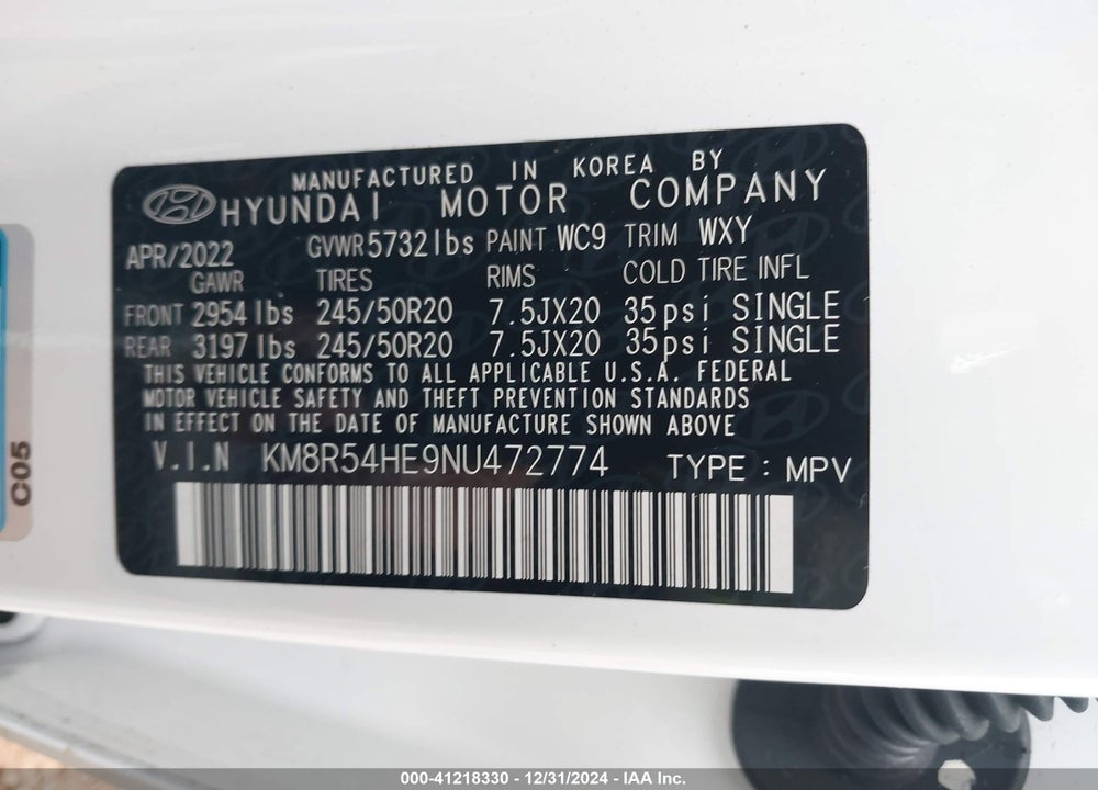 2022 HYUNDAI PALISADE LIMITED VIN: KM8R54HE9NU472774
