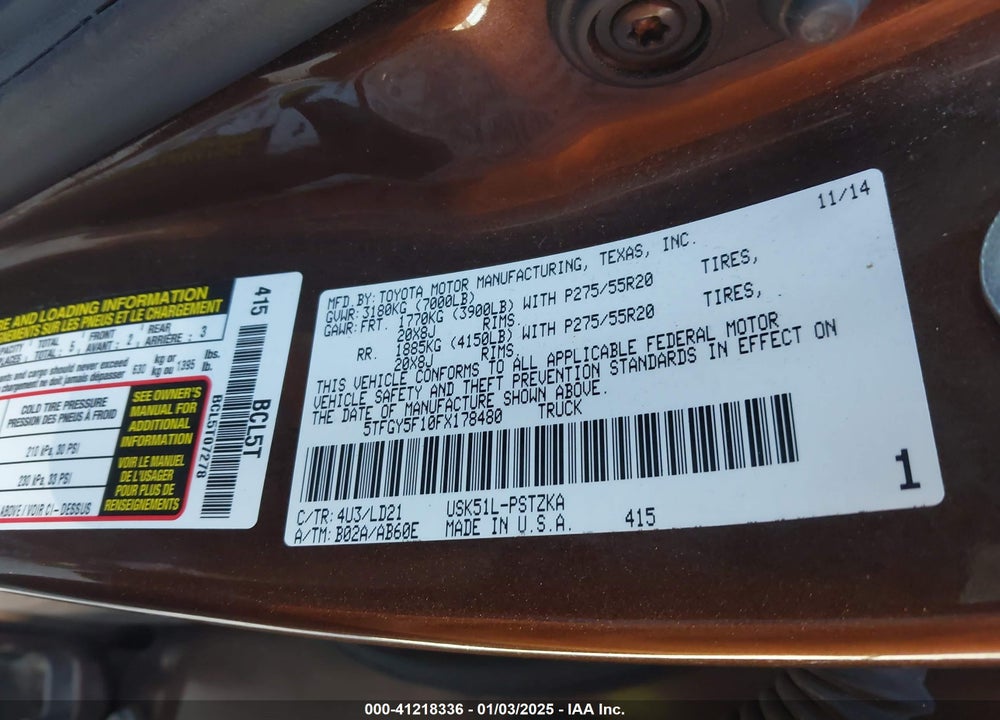 2015 TOYOTA TUNDRA VIN: 5TFGY5F10FX178480