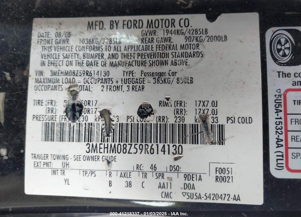 2009 MERCURY MILAN VIN: 3MEHM08Z59R614130
