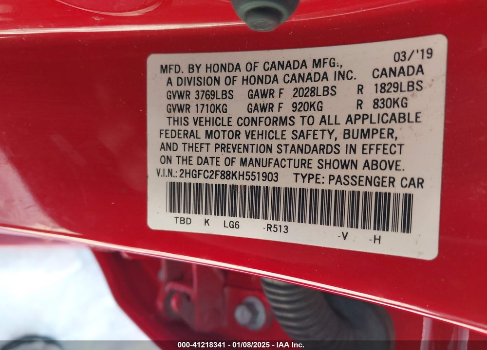 2019 HONDA CIVIC SPORT VIN: 2HGFC2F88KH551903