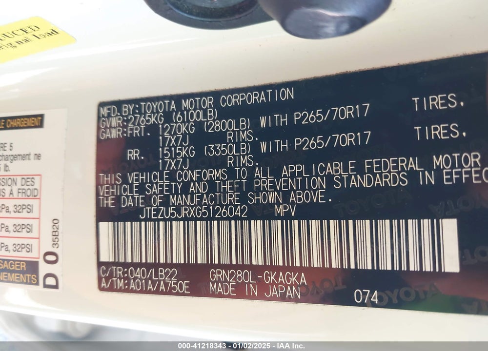 2016 TOYOTA 4RUNNER SR5 PREMIUM VIN: JTEZU5JRXG5126042
