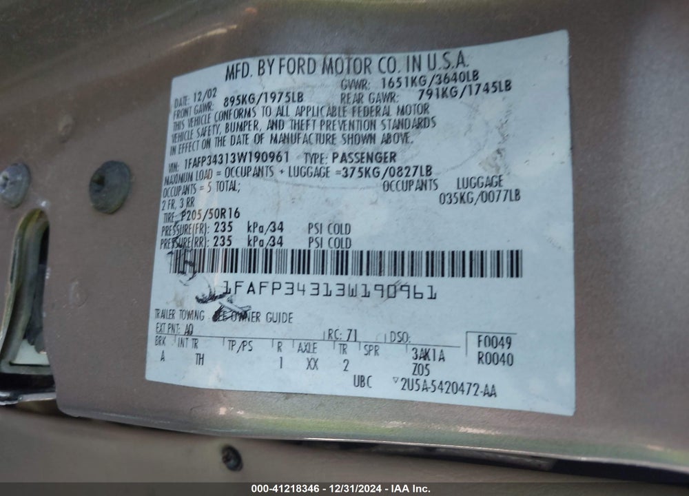 2003 FORD FOCUS SE VIN: 1FAFP34313W190961