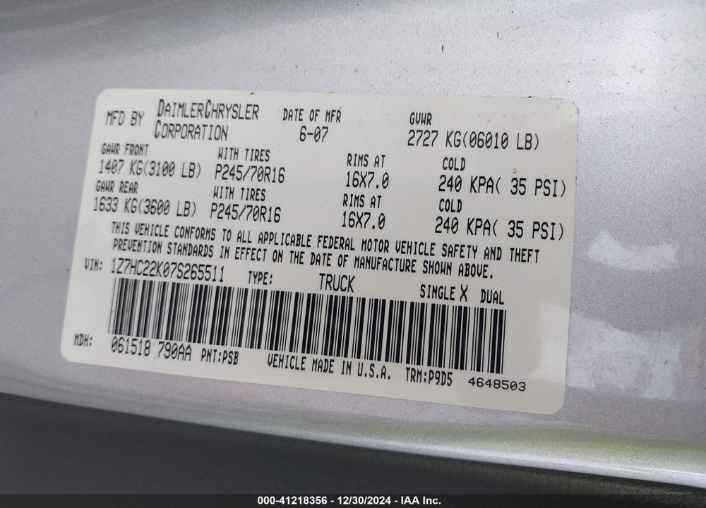 2007 MITSUBISHI RAIDER LS VIN: 1Z7HC22K07S265511