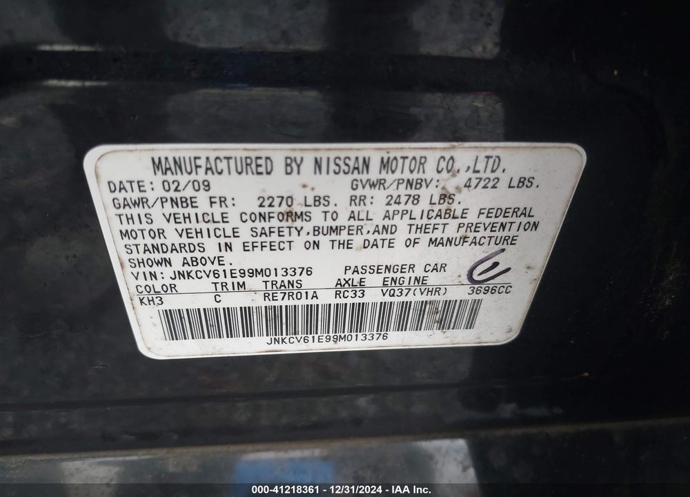 2009 INFINITI G37 JOURNEY VIN: JNKCV61E99M013376