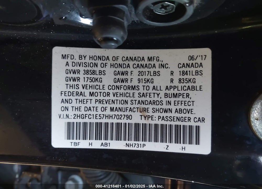 2017 HONDA CIVIC SI VIN: 2HGFC1E57HH702790