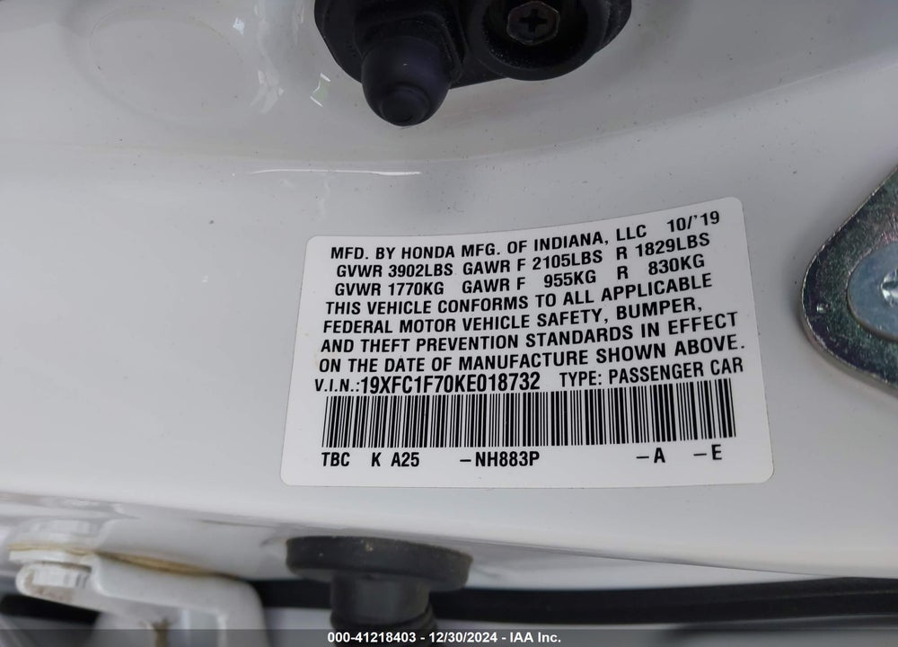 2019 HONDA CIVIC VIN: 19XFC1F70KE018732