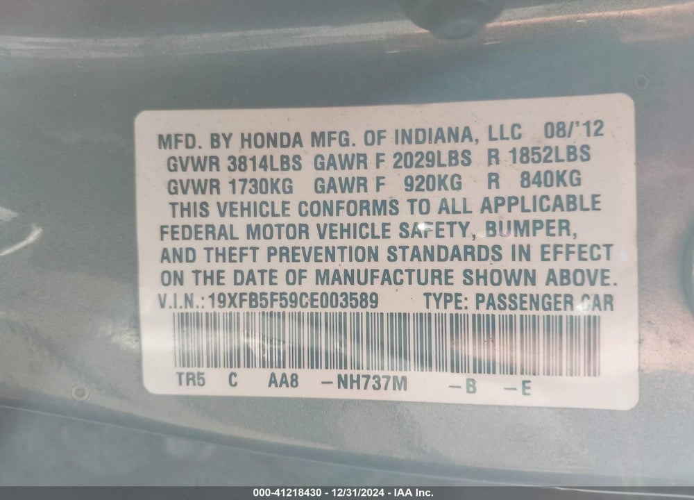 2012 HONDA CIVIC NATURAL GAS VIN: 19XFB5F59CE003589